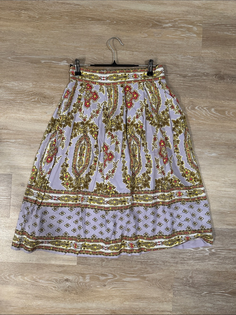 Anthropologie Lavender Midi Skirt with Gold and Red Medallion Print